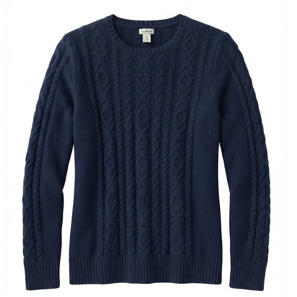 LL Bean Womens Navy Blue Cotton Cable Knit Crew Neck Sweater Size Medium